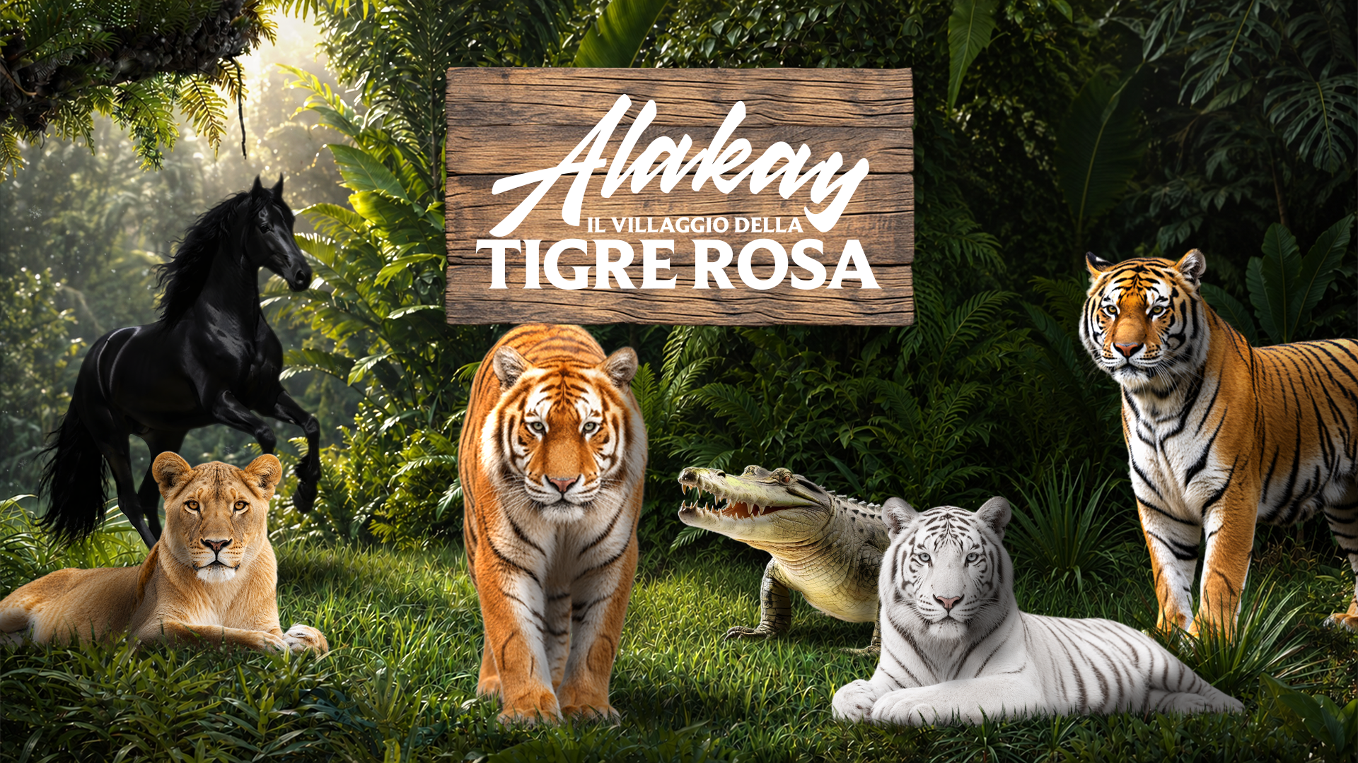 Gli animali del Villaggio della Tigre Rosa: tigri, leonesse, cavalli frisoni e alligatori